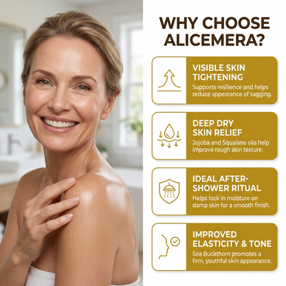 Woman applying skincare product with Alicemera benefits displayed on the right.