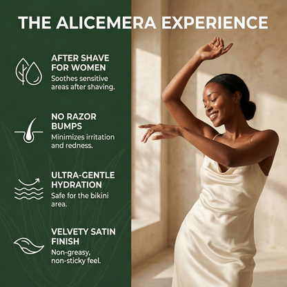 Woman in a white dress with text about the Alicemera experience on a green background