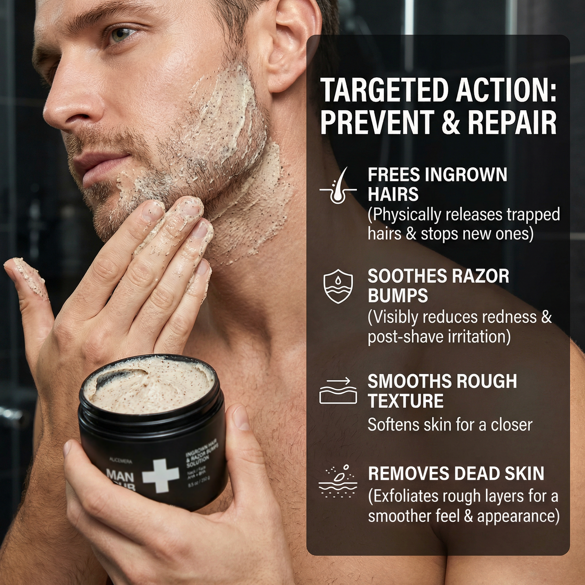 Man applying a skincare product to his face with text on targeted actions.