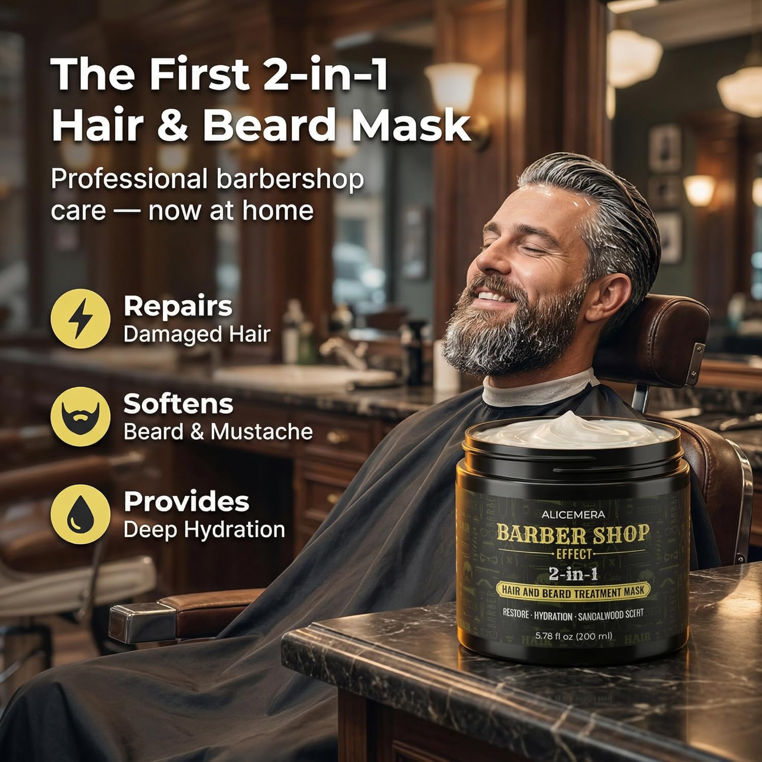 Barber shop 2-in-1 hair and beard mask with a man in a barber chair.