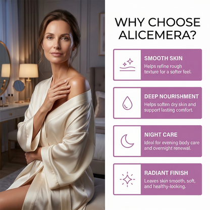 Woman in a robe with skincare benefits of Alicemera on the right