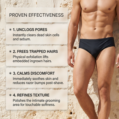 Man in black swimwear with text on proven effectiveness against pores, trapped hairs, discomfort, and texture.
