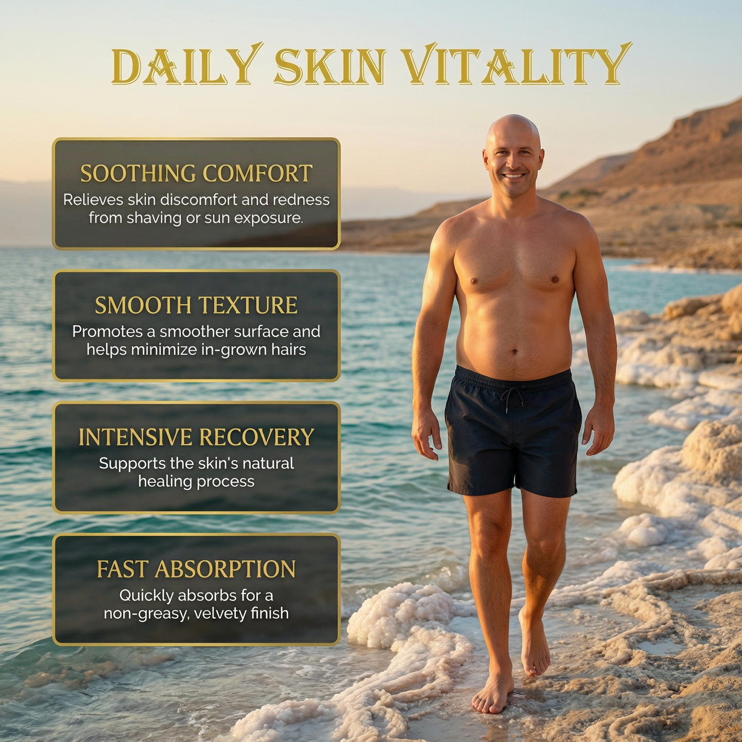 Man walking on a beach with text about daily skin vitality products.