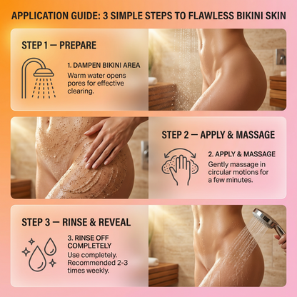 Application guide for flawless bikini skin with steps and images of a person showering.