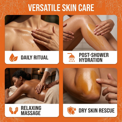 Versatile skin care routine with daily ritual, post-shower hydration, relaxing massage, and dry skin rescue on an orange background.