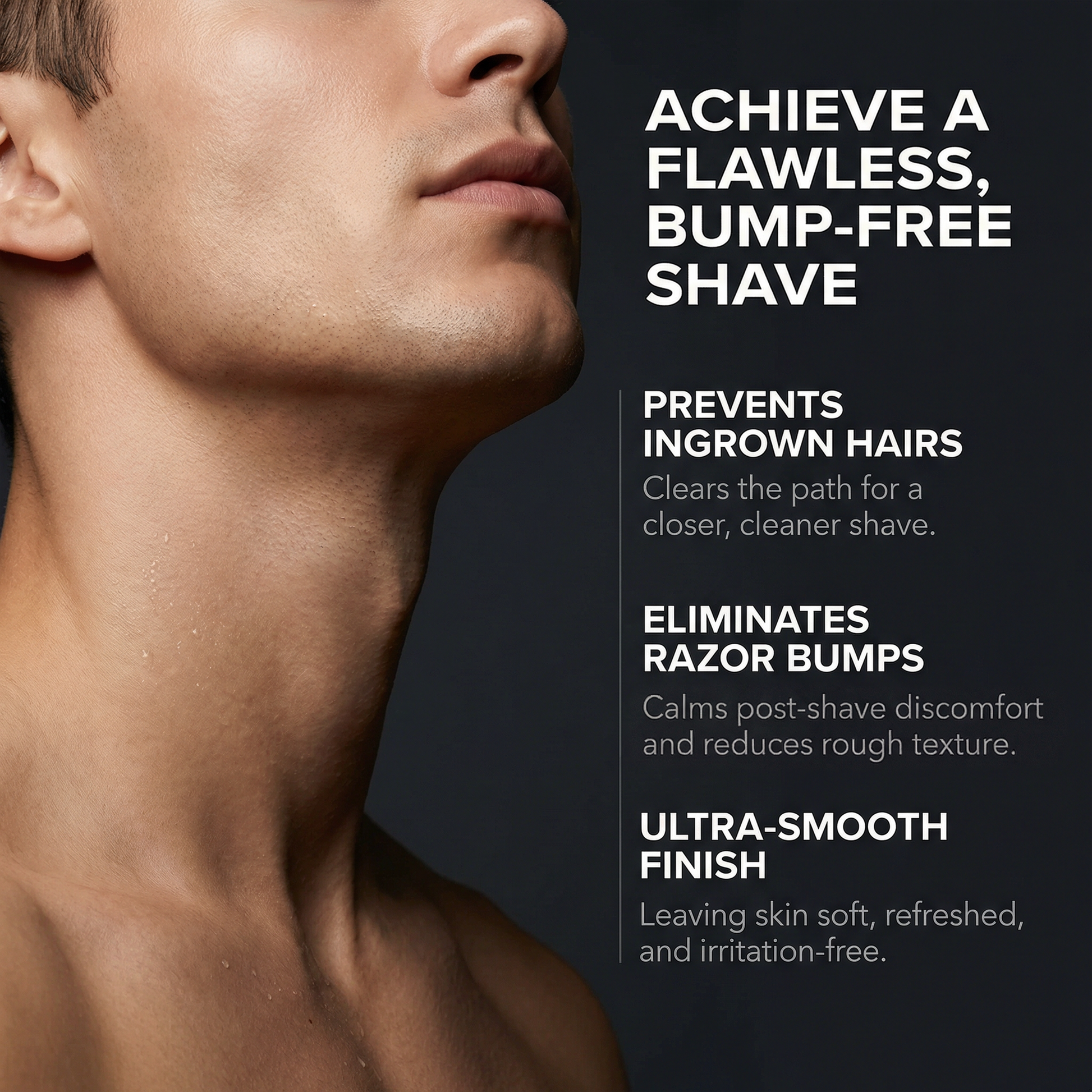 Advertisement for shaving product showing a close-up of a man's neck with text highlighting benefits.