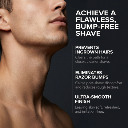 Advertisement for shaving product showing a close-up of a man's neck with text highlighting benefits.