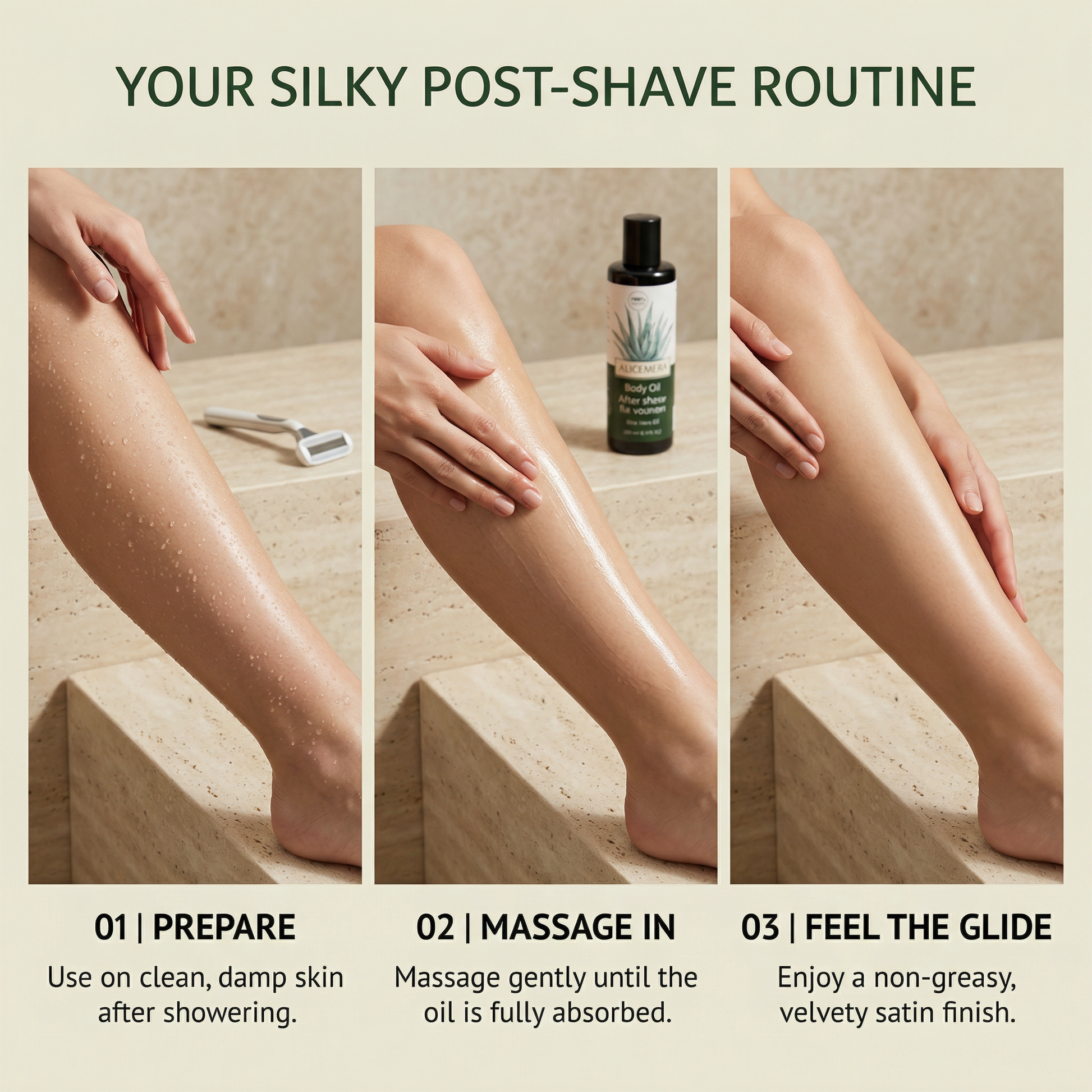 Step-by-step guide to a silky post-shave routine with a bottle of aloe vera product.