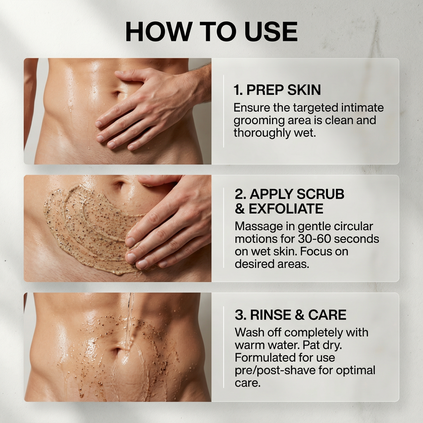 Instructions on how to use a scrub and exfoliate product, with close-up images of application and rinsing.