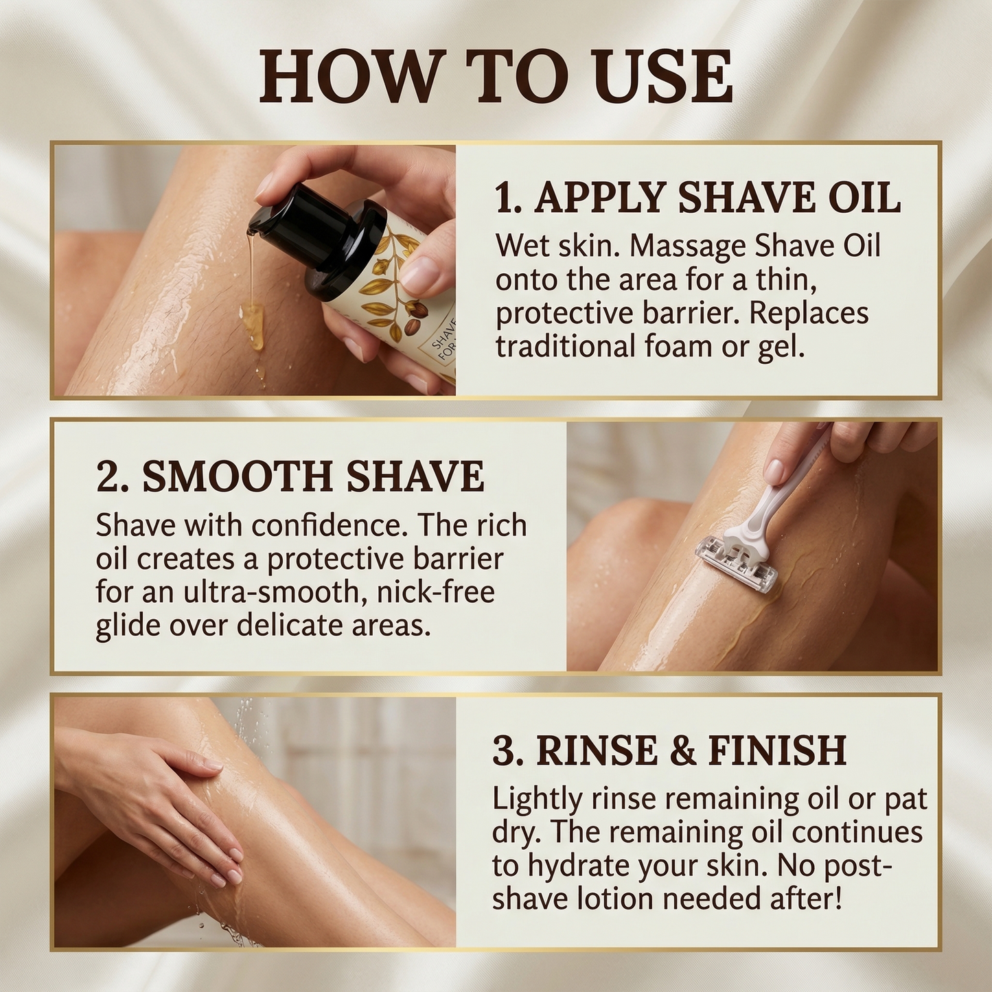 Instructions on how to use shave oil with images of application and results.
