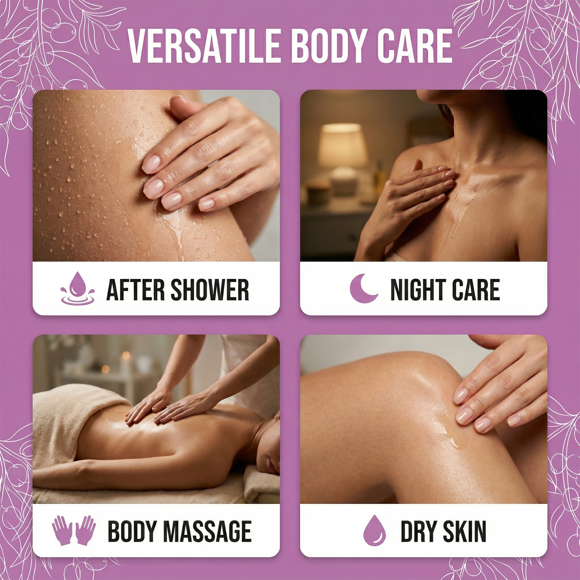 Body care routine with after shower, night care, body massage, and dry skin illustrations on a purple background.