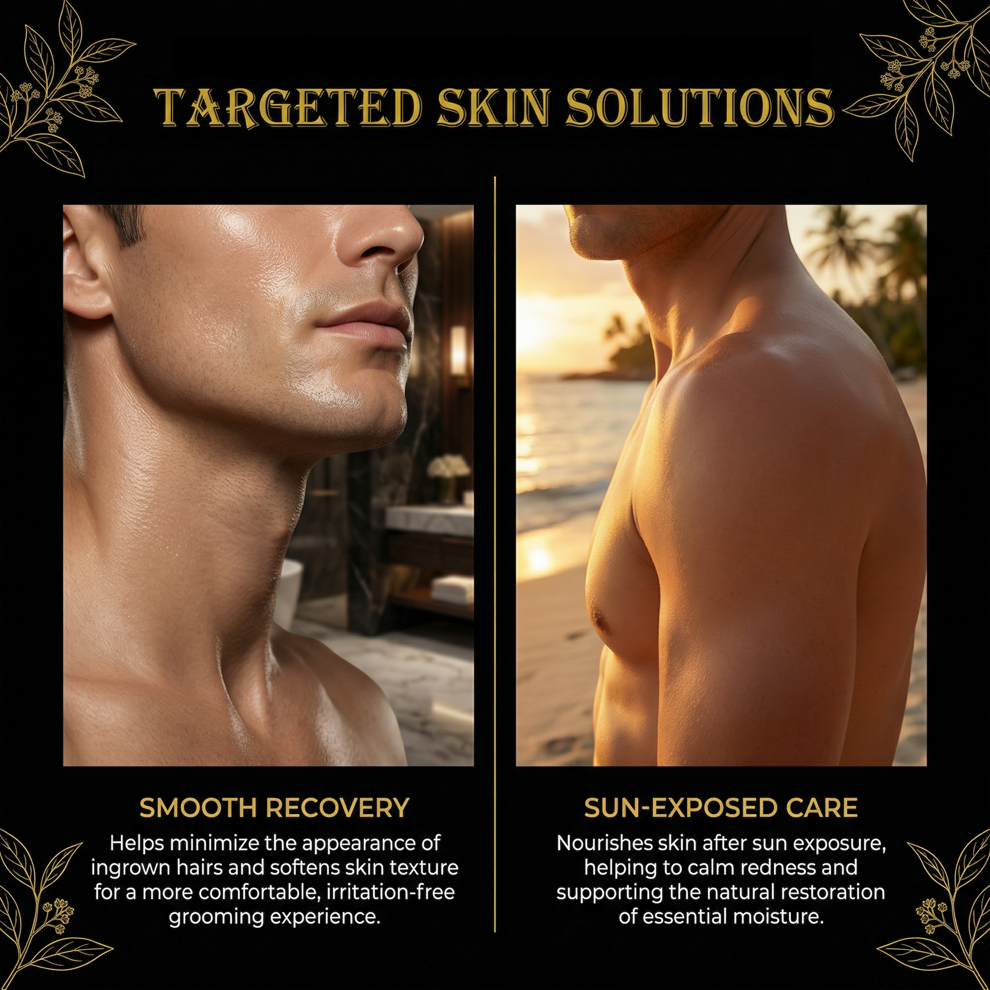 Advertisement for targeted skin solutions with images of a man's neck and back, text about smooth recovery and sun-exposed care.