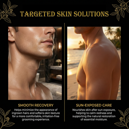 Advertisement for targeted skin solutions with images of a man's neck and back, text about smooth recovery and sun-exposed care.