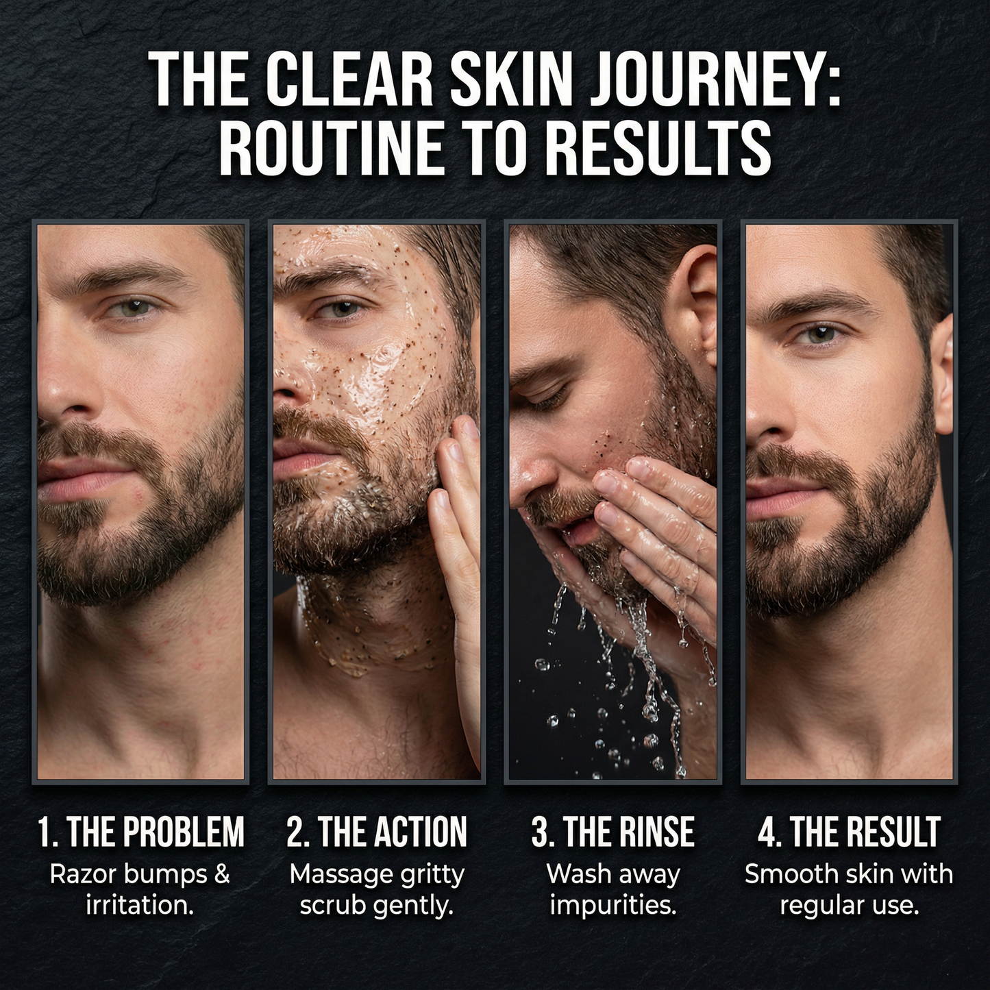 Step-by-step skincare routine for men with four stages labeled 'The Problem', 'The Action', 'The Rinse', and 'The Result'.