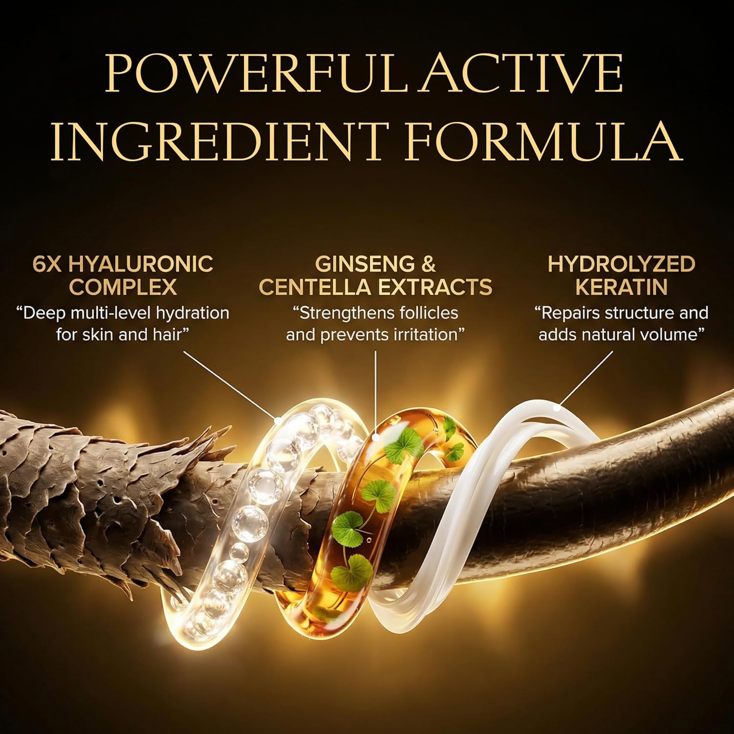Illustration of a hair strand with active ingredient formula components on a dark background