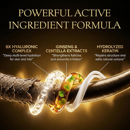 Illustration of a hair strand with active ingredient formula components on a dark background