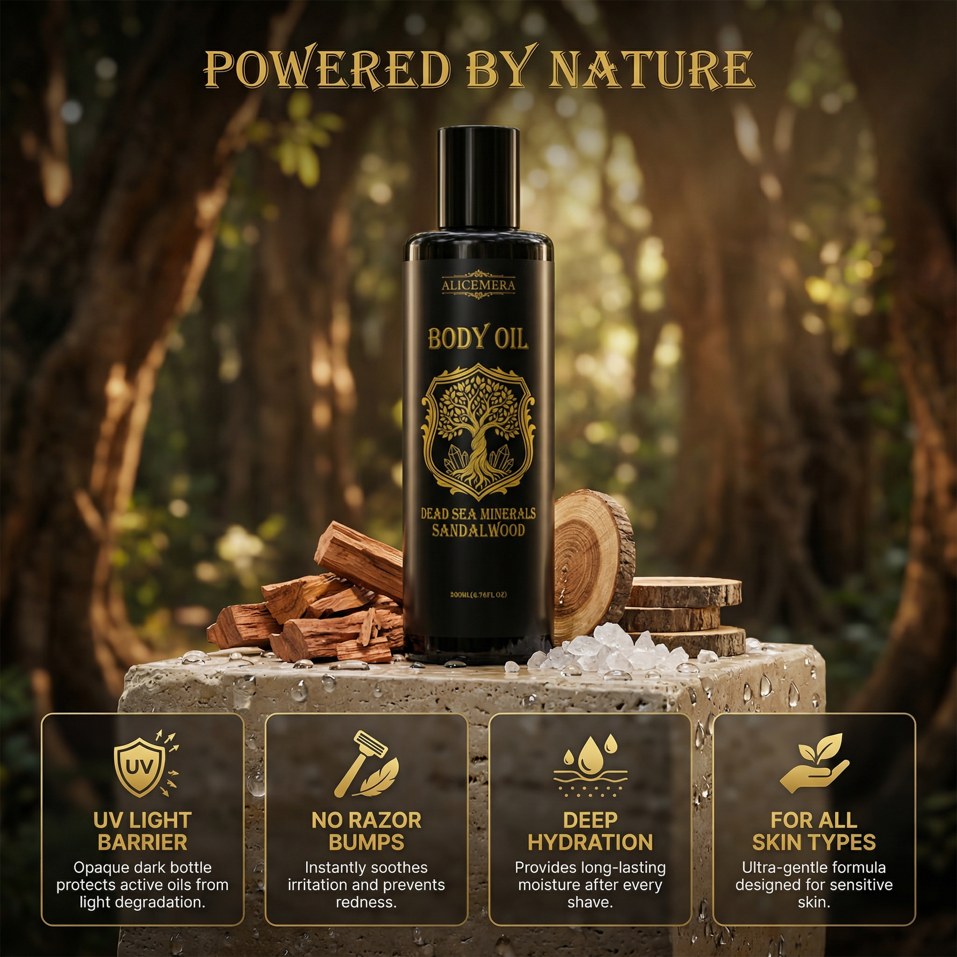 Body oil bottle with natural elements and product features on a wooden platform.