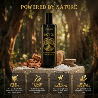 Body oil bottle with natural elements and product features on a wooden platform.