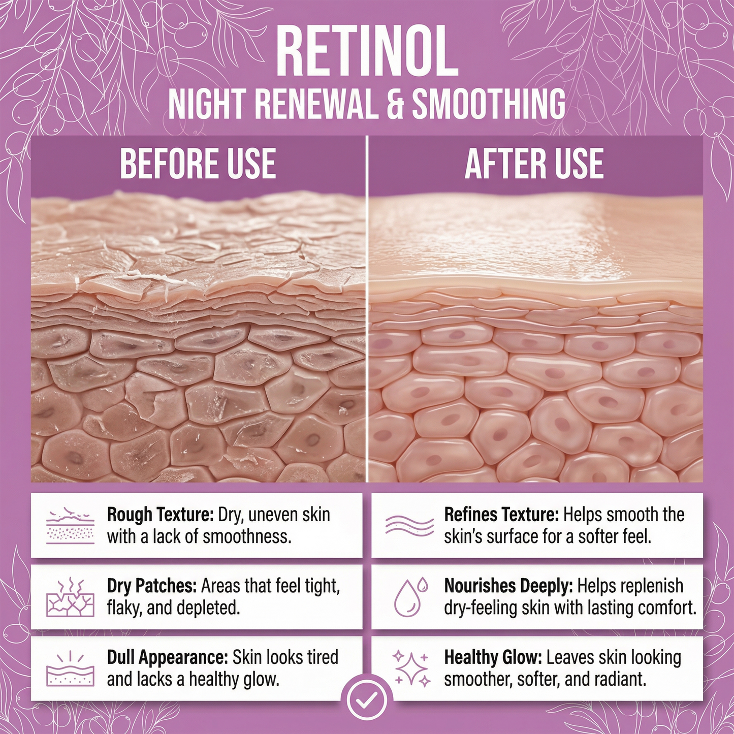 Before and after use of retinol night renewal and smoothing on skin with a purple background.