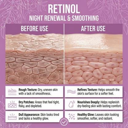 Before and after use of retinol night renewal and smoothing on skin with a purple background.