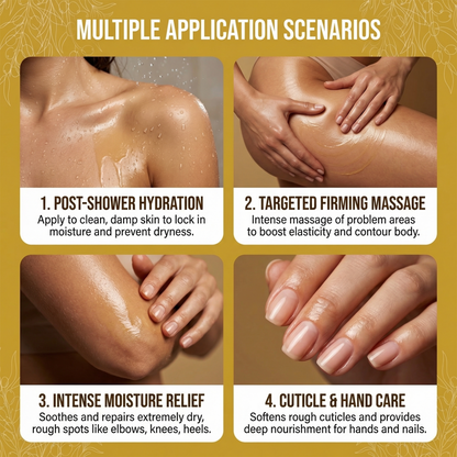 Product usage scenarios for post-shower hydration, targeted firming massage, intense moisture relief, and cuticle & hand care on a gold background.