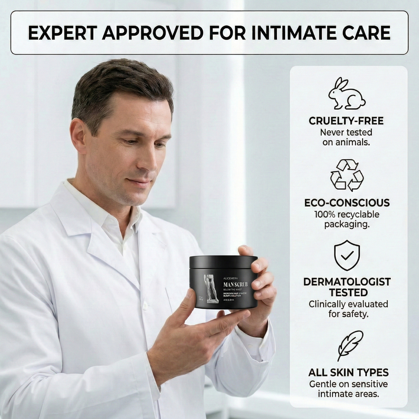 Man in a white coat holding a container with product information on a light gray background