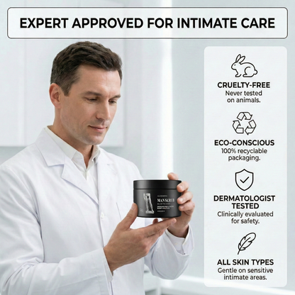 Man in a white coat holding a container with product information on a light gray background