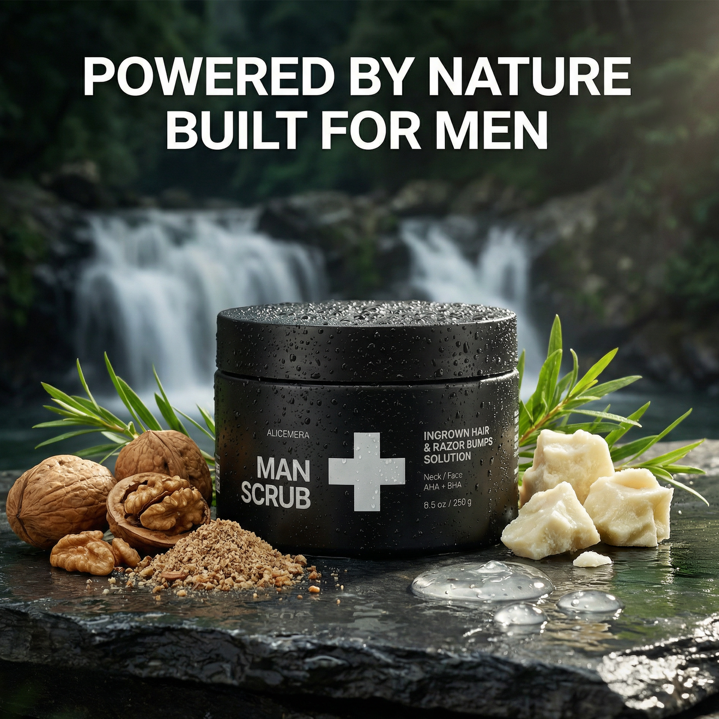Man scrub product with natural ingredients and a scenic background