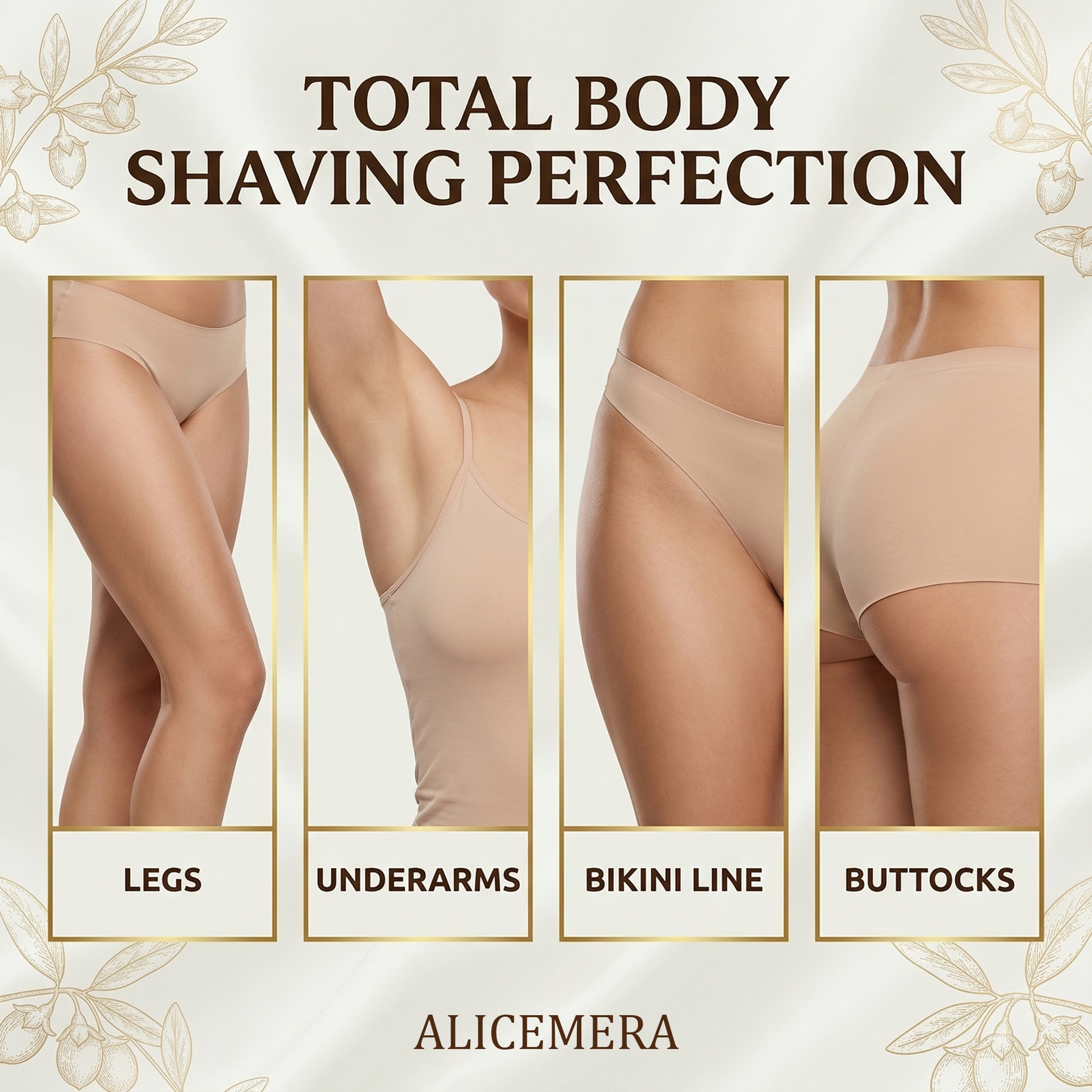 Advertisement for Alicemera's total body shaving products showing legs, underarms, bikini line, and buttocks.