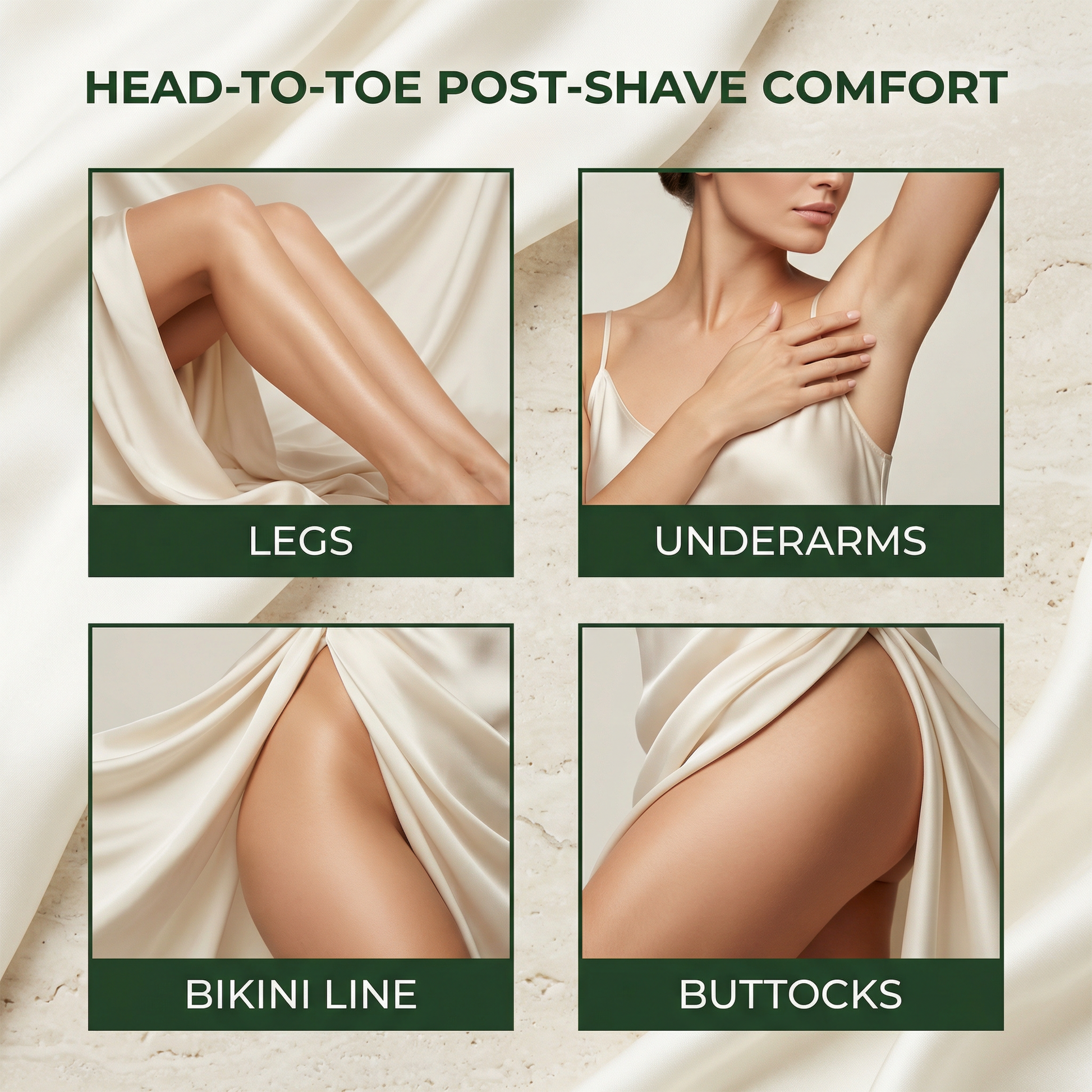 Post-shave comfort illustration showing legs, underarms, bikini line, and buttocks with a neutral background.