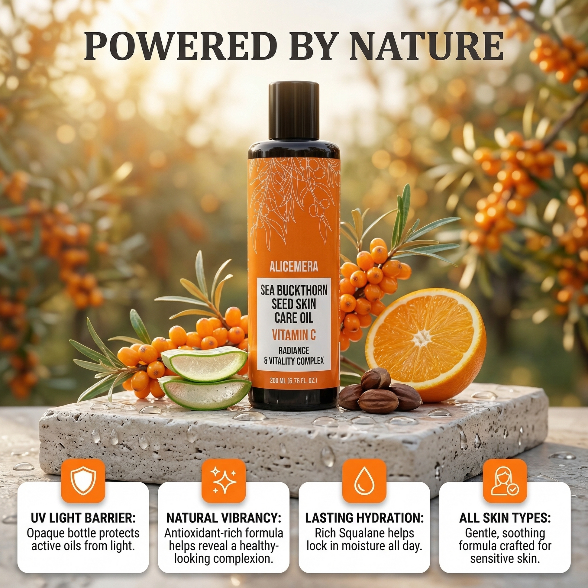 Sea buckthorn seed skin care oil bottle with natural ingredients on a wooden surface, surrounded by sea buckthorn berries and an orange.