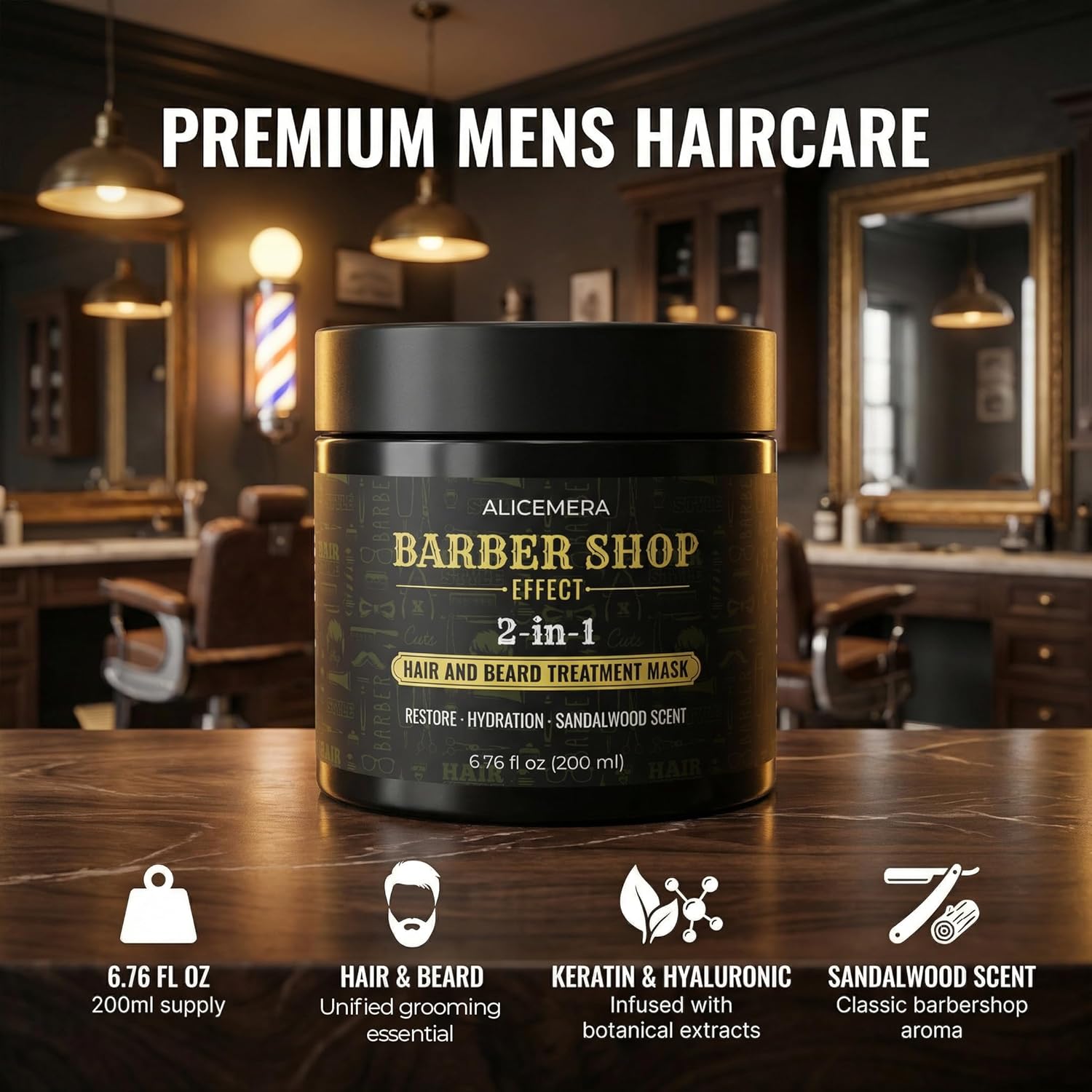 Alicemera Barber Shop Effect hair and beard treatment mask jar in a barbershop setting