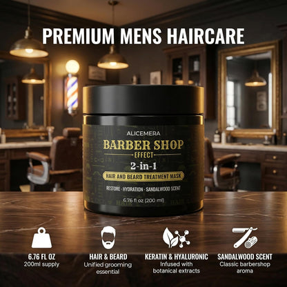 Alicemera Barber Shop Effect hair and beard treatment mask jar in a barbershop setting