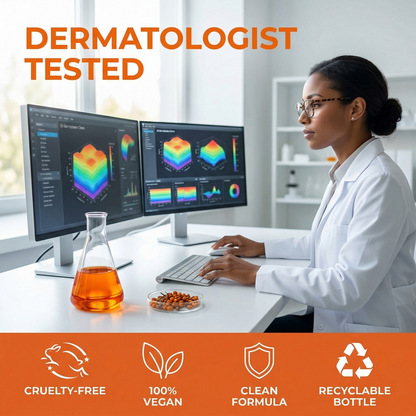 Person in a lab coat working at a computer with 'Dermatologist Tested' and product features displayed.