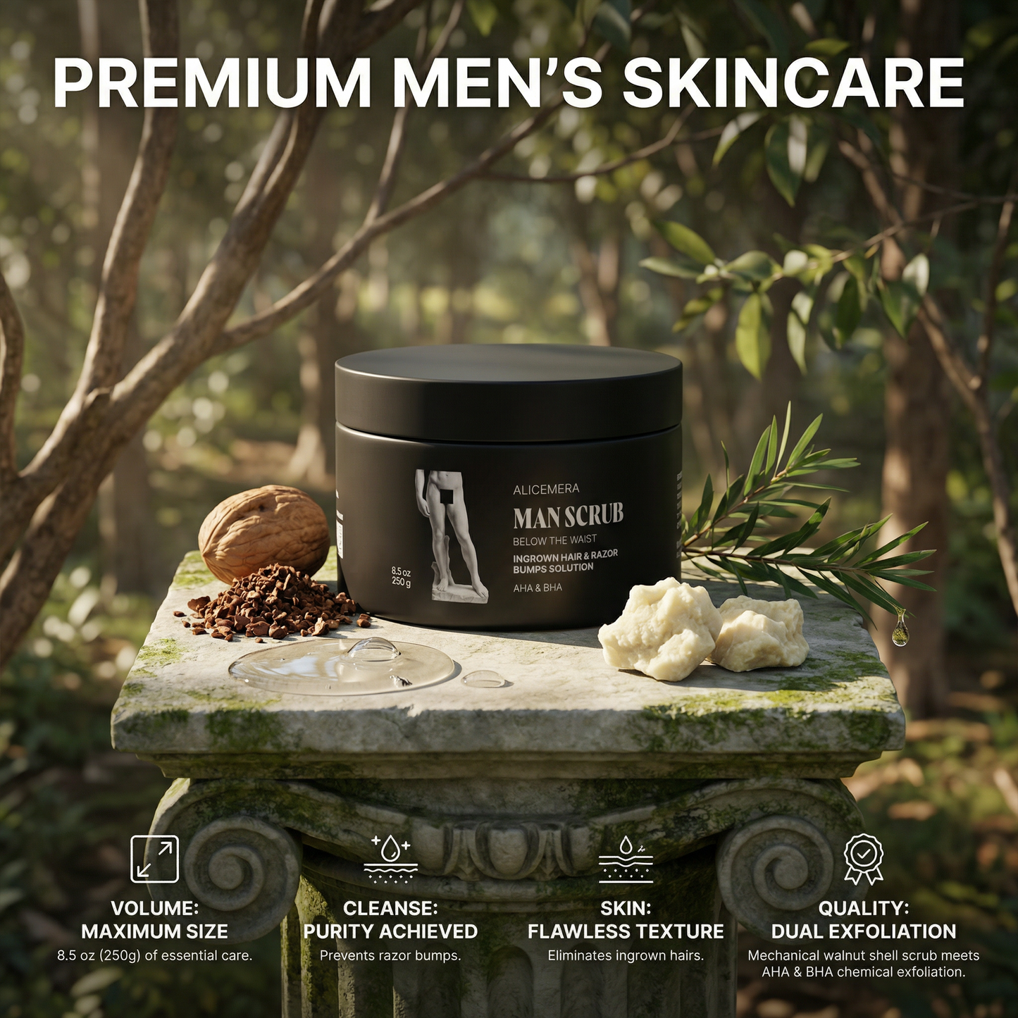 Man scrub container on a stone platform with natural elements and text about premium men's skincare.