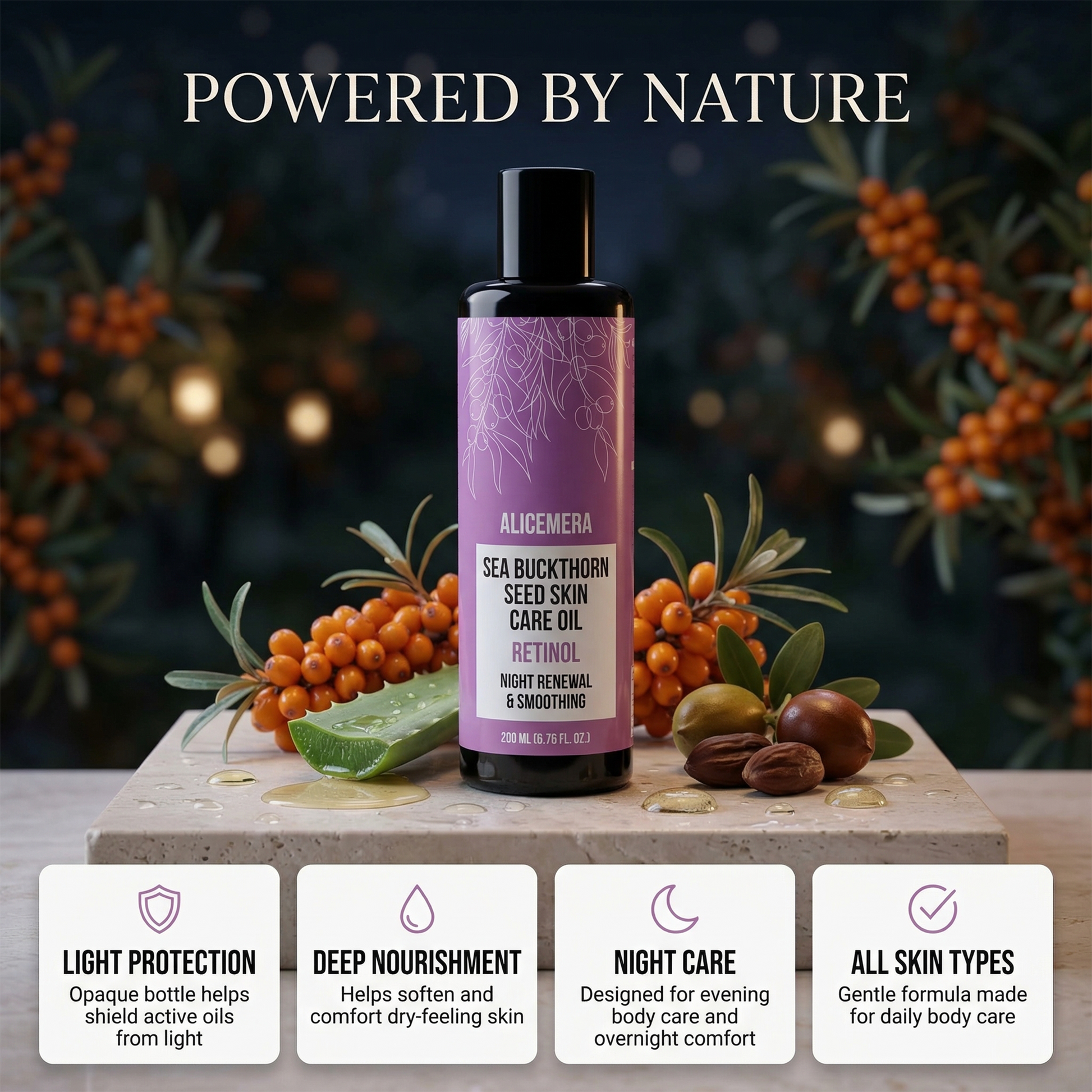 Sea buckthorn seed skin care oil bottle with natural elements on a dark background