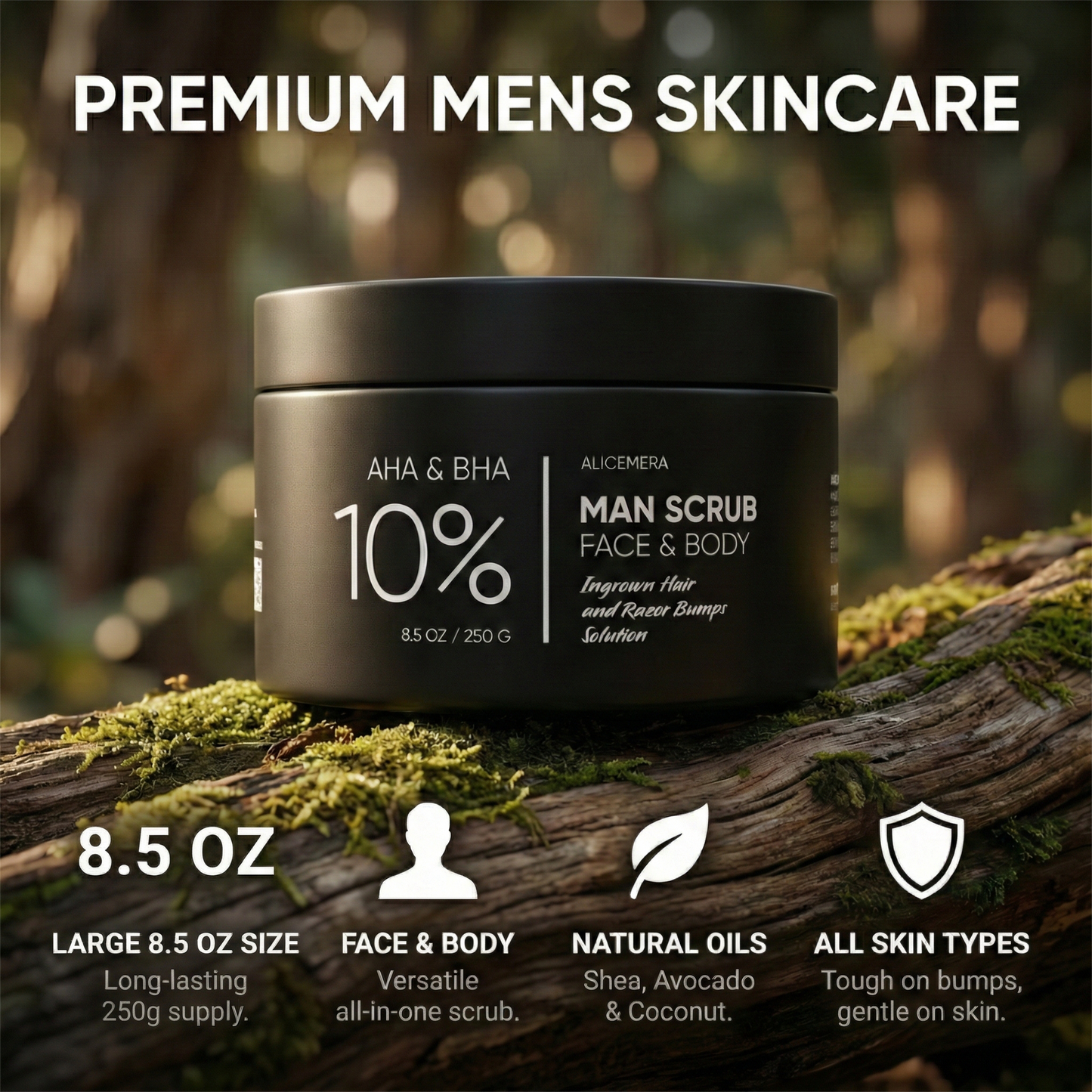 Black jar of men's skincare scrub on a natural background with product details.