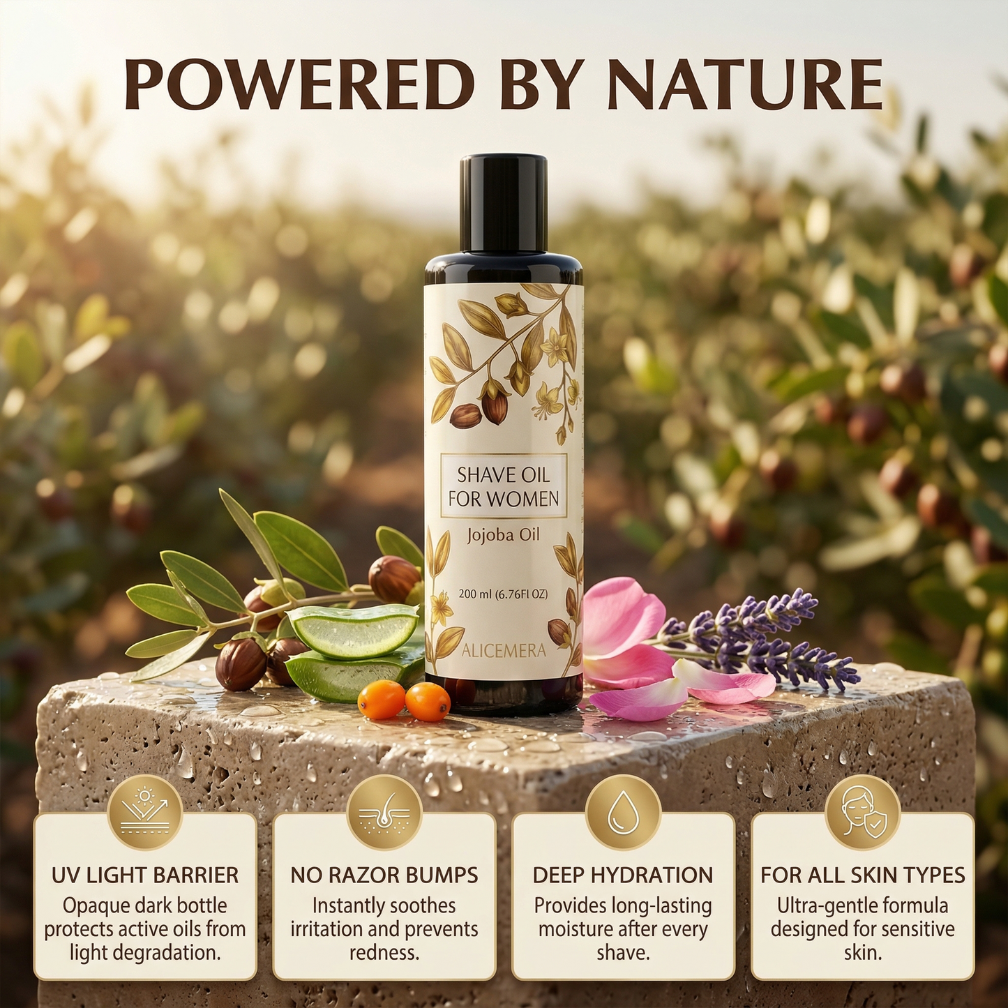Shave oil bottle for women with natural elements on a stone surface, labeled 'Powered by Nature'.
