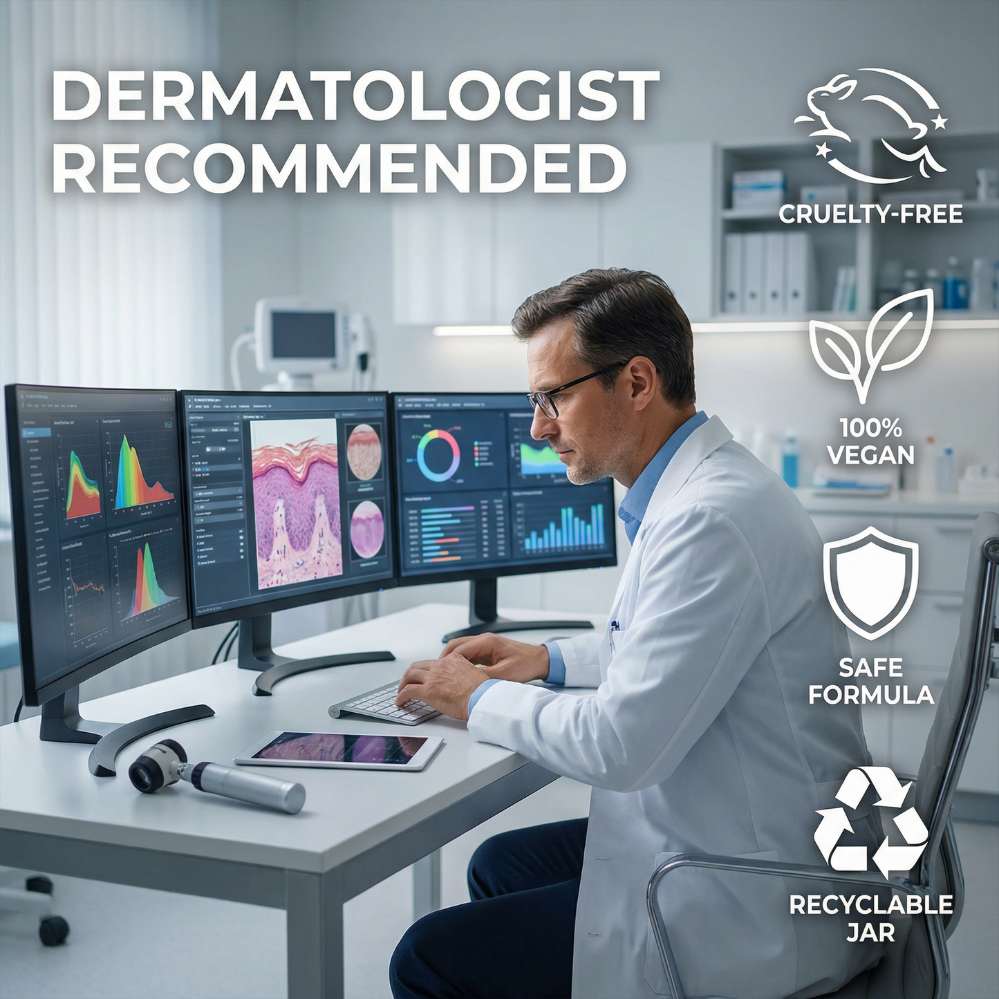 Dermatologist working at a desk with multiple monitors in a clinical setting, with icons indicating 'Cruelty-Free', '100% Vegan', 'Safe Formula', and 'Recyclable Jar'.