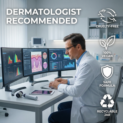 Dermatologist working at a desk with multiple monitors in a clinical setting, with icons indicating 'Cruelty-Free', '100% Vegan', 'Safe Formula', and 'Recyclable Jar'.