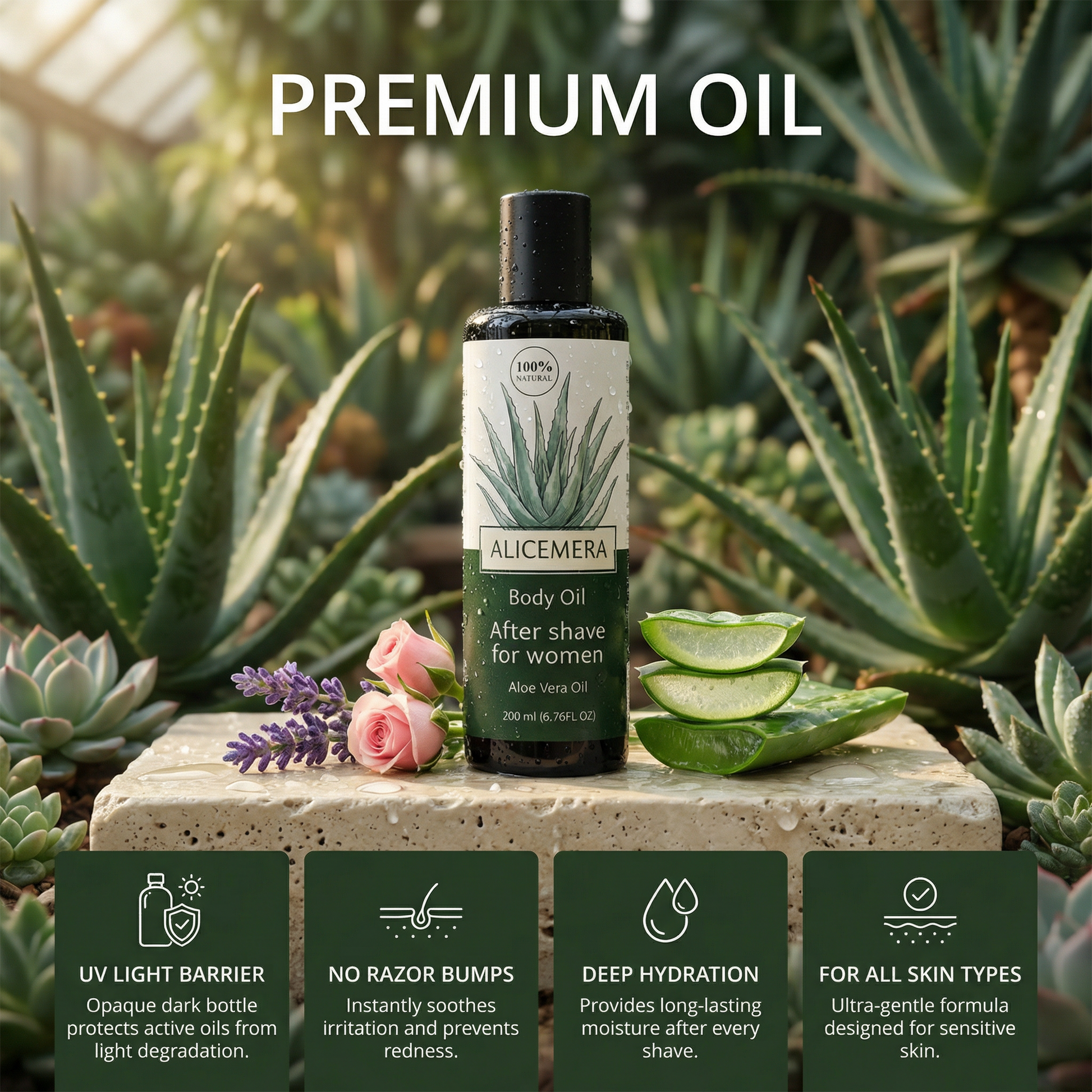 Alicemera body oil bottle with aloe vera on a stone surface surrounded by plants and flowers.