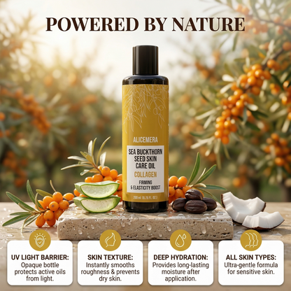 Sea buckthorn seed skin care oil bottle with natural ingredients and benefits on a blurred nature background.