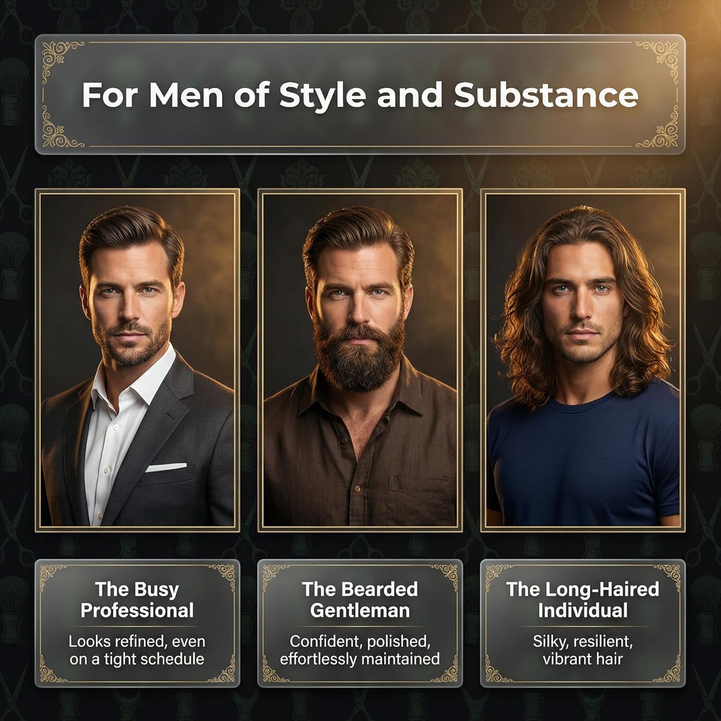Three men with different hairstyles and clothing styles, each labeled with a description.