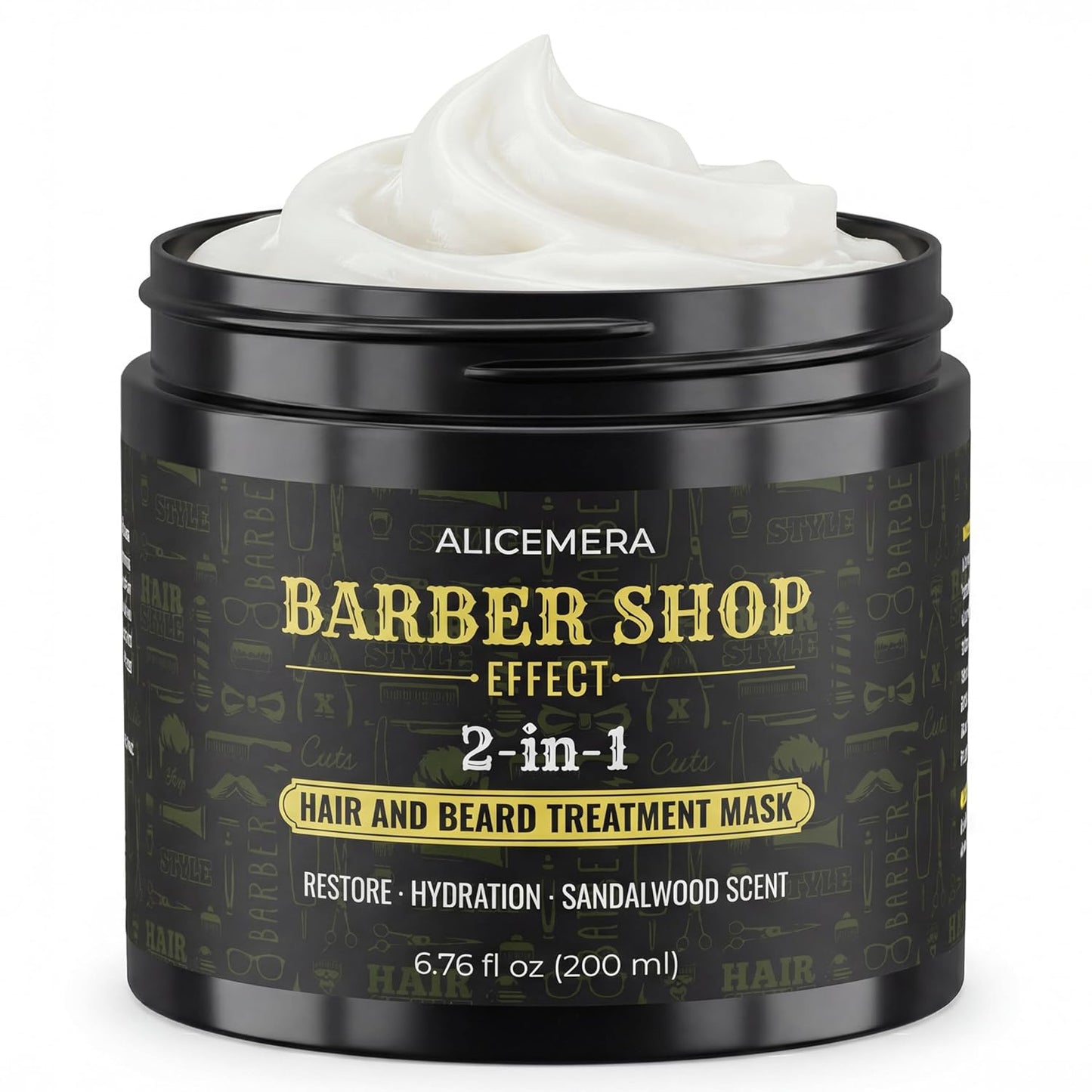Black jar of Alicemera Barber Shop Effect 2-in-1 hair and beard treatment mask with white cream on a white background