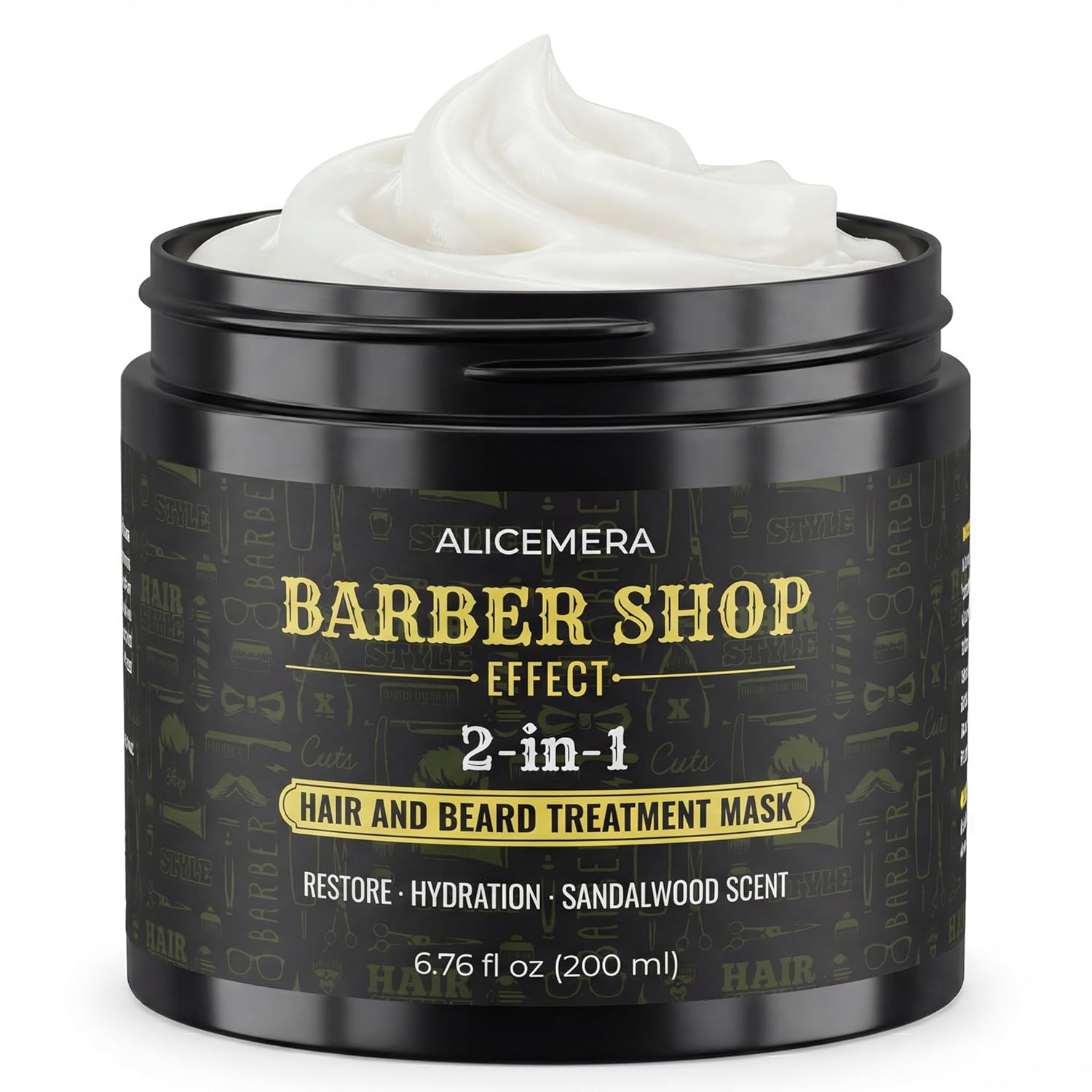 Black jar of Alicemera Barber Shop Effect 2-in-1 hair and beard treatment mask with white cream on a white background