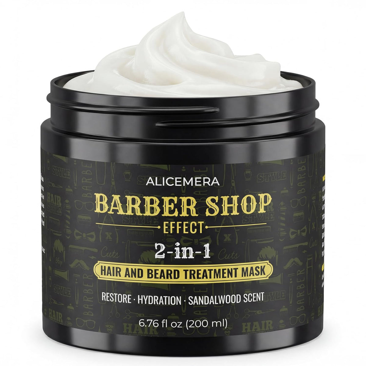 Black jar of Alicemera Barber Shop Effect 2-in-1 hair and beard treatment mask with white cream on a white background