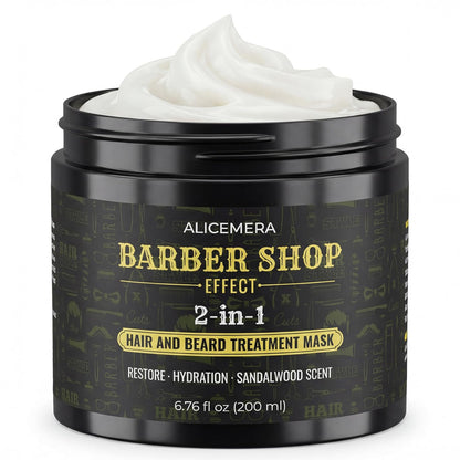 Black jar of Alicemera Barber Shop Effect 2-in-1 hair and beard treatment mask with white cream on a white background