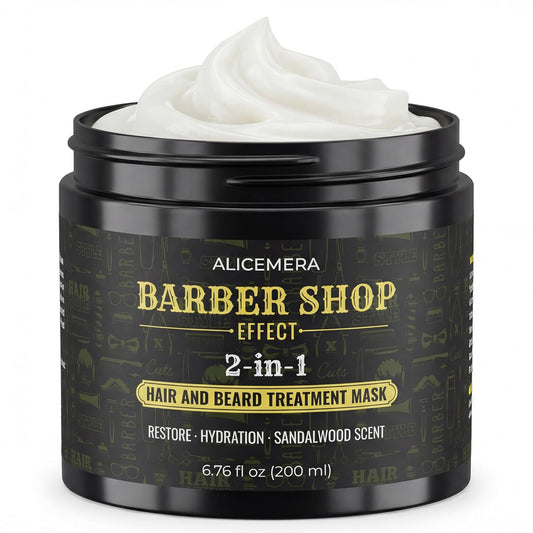 Black jar of Alicemera Barber Shop Effect 2-in-1 hair and beard treatment mask with white cream on a white background