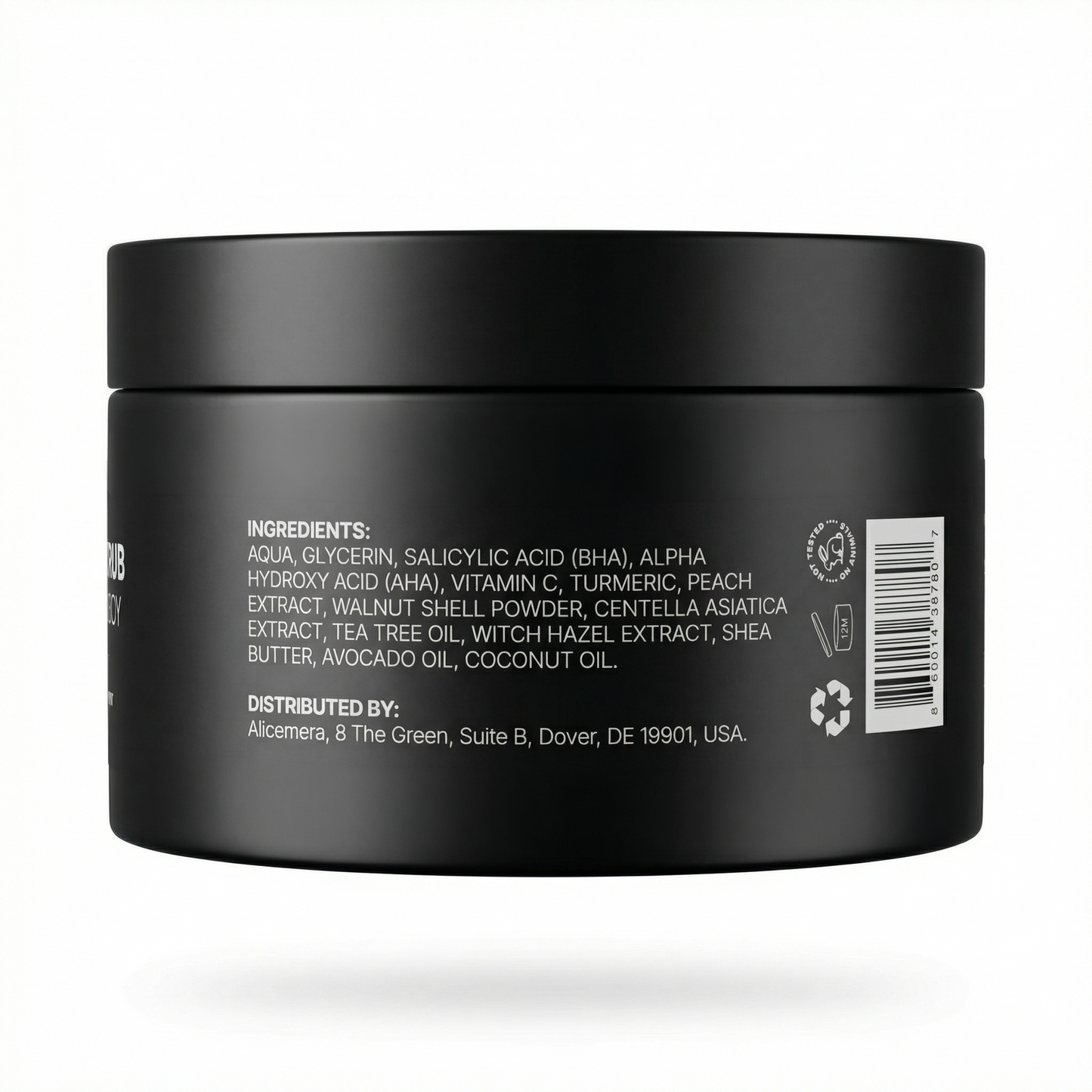 Black jar with ingredients list on a white background