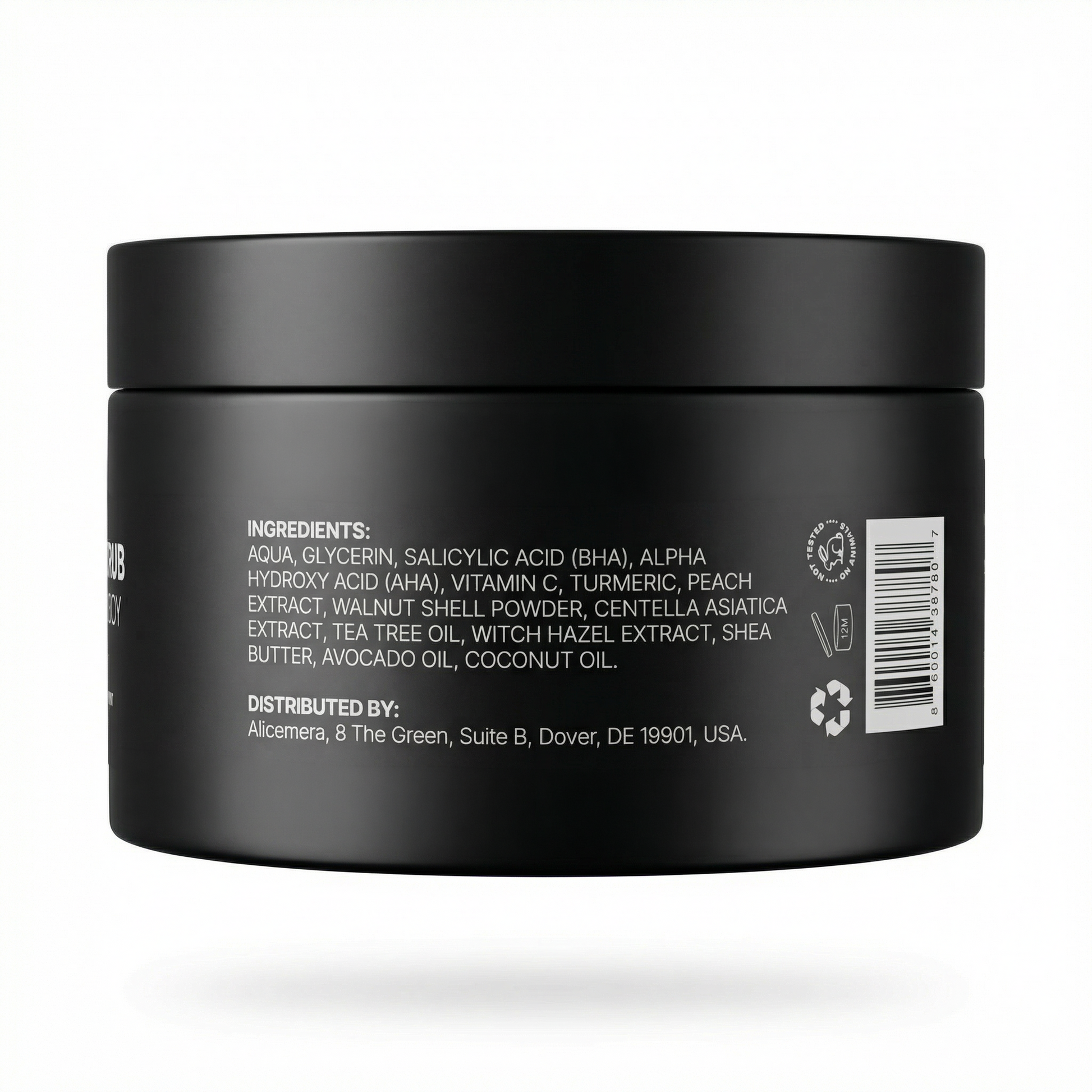 Black jar with ingredients list on a white background